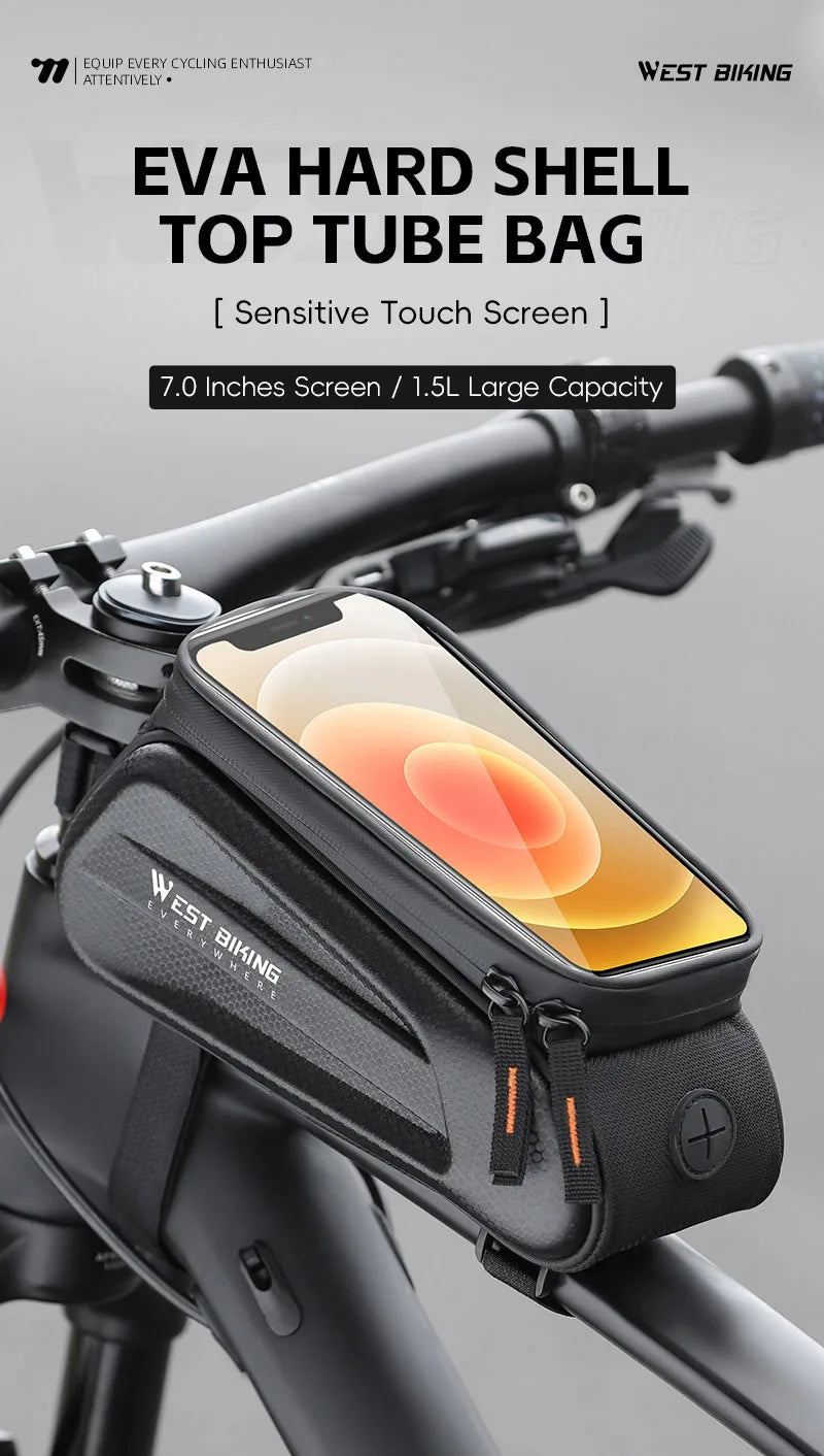 WEST BIKING Waterproof Bike Phone Bag – Front Tube Saddle Bag for 7-Inch Phones