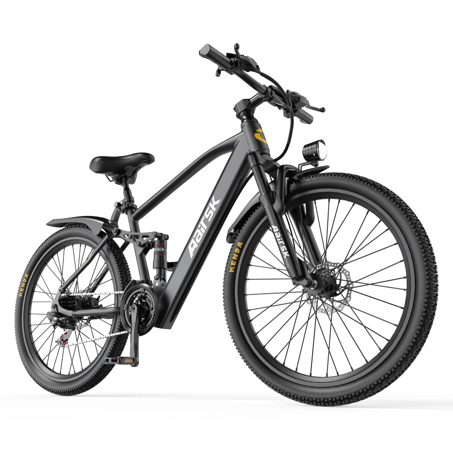 Black electric bike with visible branding on a white background