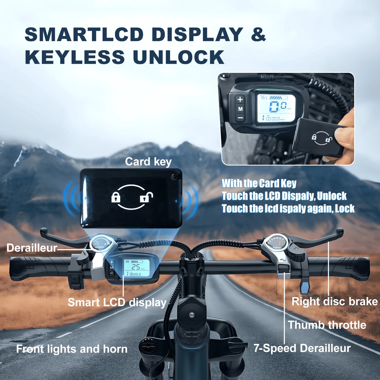Bicycle handlebar with smart LCD display and keyless unlock features, set against a mountainous road background.