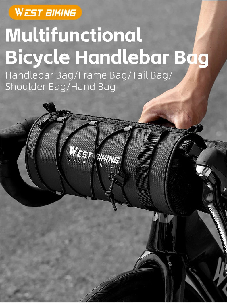 Multifunctional bicycle handlebar bag with West Biking branding on a blurred background