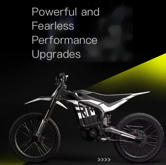 Motorcycle with 'Powerful and Fearless Performance Upgrades' text on a dark background