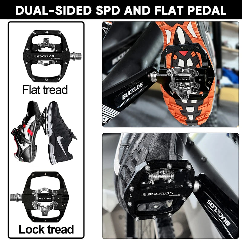 Bicycle pedals with dual-sided SPD and flat pedal features, including lock tread and flat tread options.