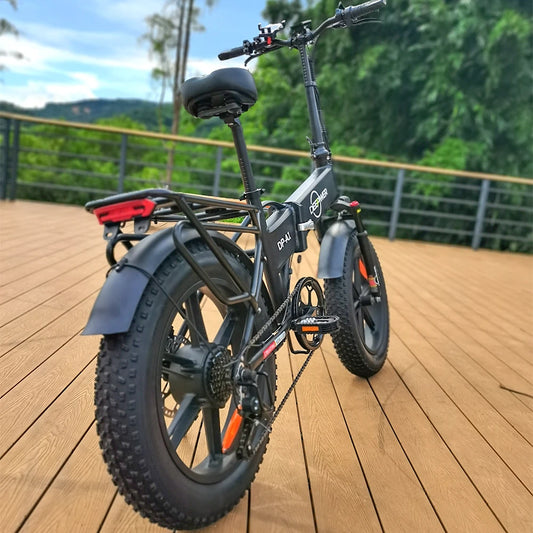 IDOTATA 1000W Electric Bike 48V 20AH 20Inch shown from the rear on a wooden deck, showcasing its fat tires and sporty design.