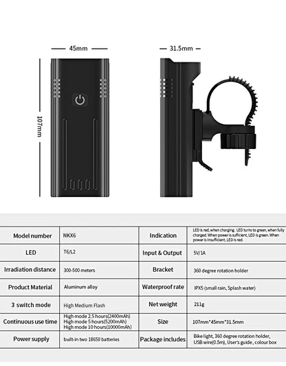 10000mAh 6-8 LED Bike Light USB Rechargeable 3600 Lumens Bike Headlight