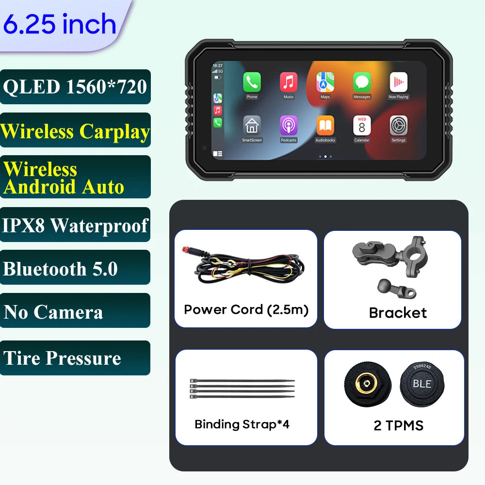 6.25-Inch Motorcycle Navigation Screen with Wireless CarPlay & Android Auto