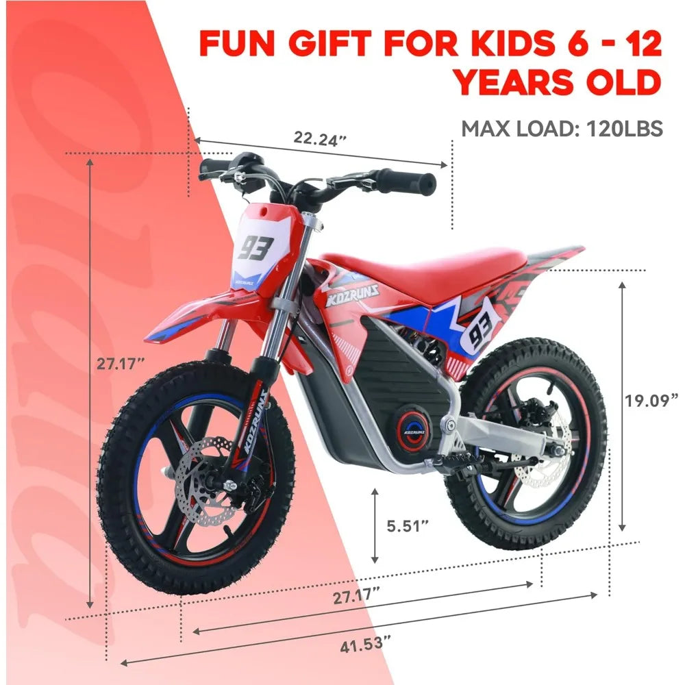 "Explore the best 36V Electric Dirt Bike for kids aged 6-12 with a brushless 350W motor, speeds up to 18.6MPH, and 3-speed settings. Shop now for free shipping!"