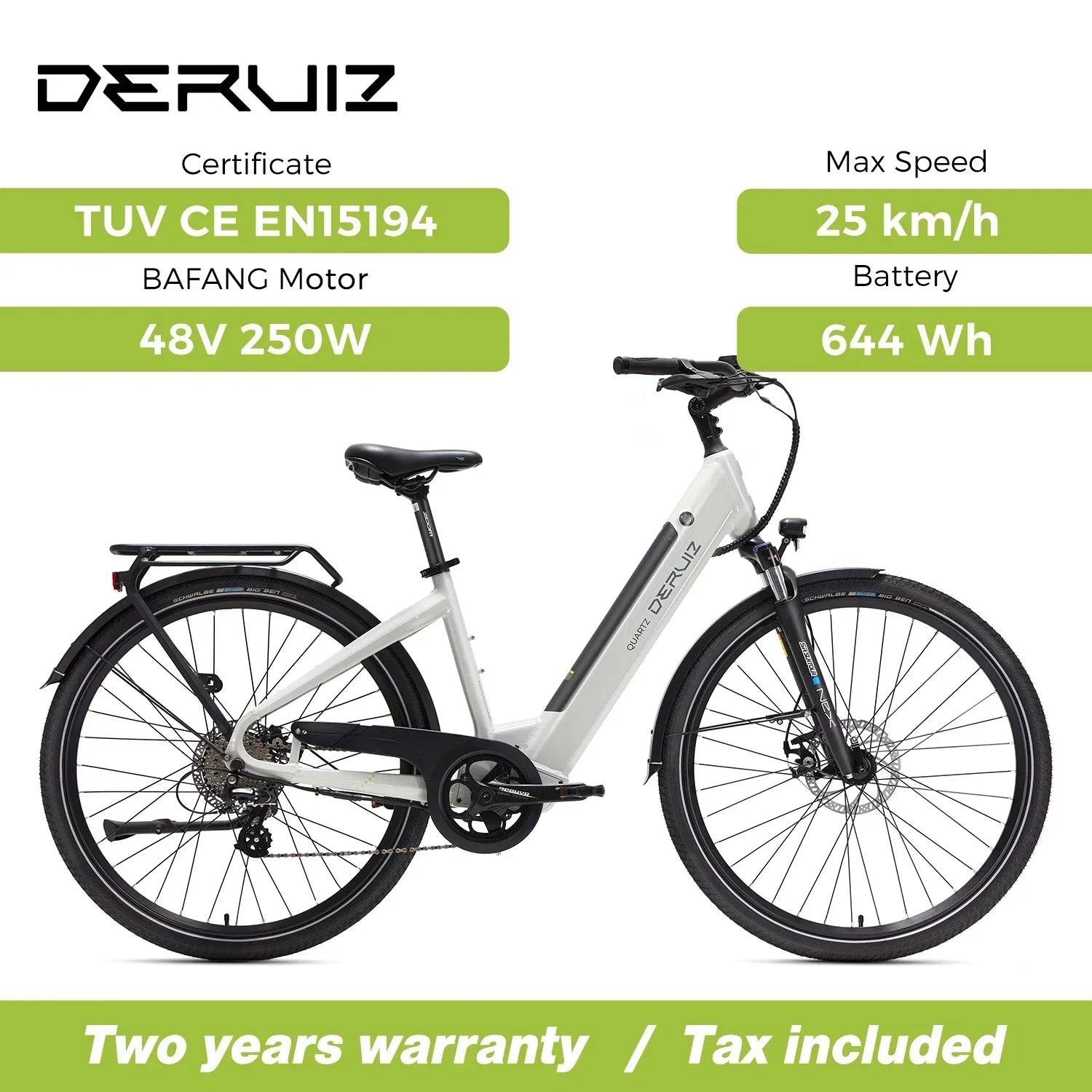 Explore the DERUIZ Quartz 48V 250W Electric Bike with 28-inch wheels, TEKTRO disc brakes, and a 48V 13.4Ah battery. Ideal for city commutes