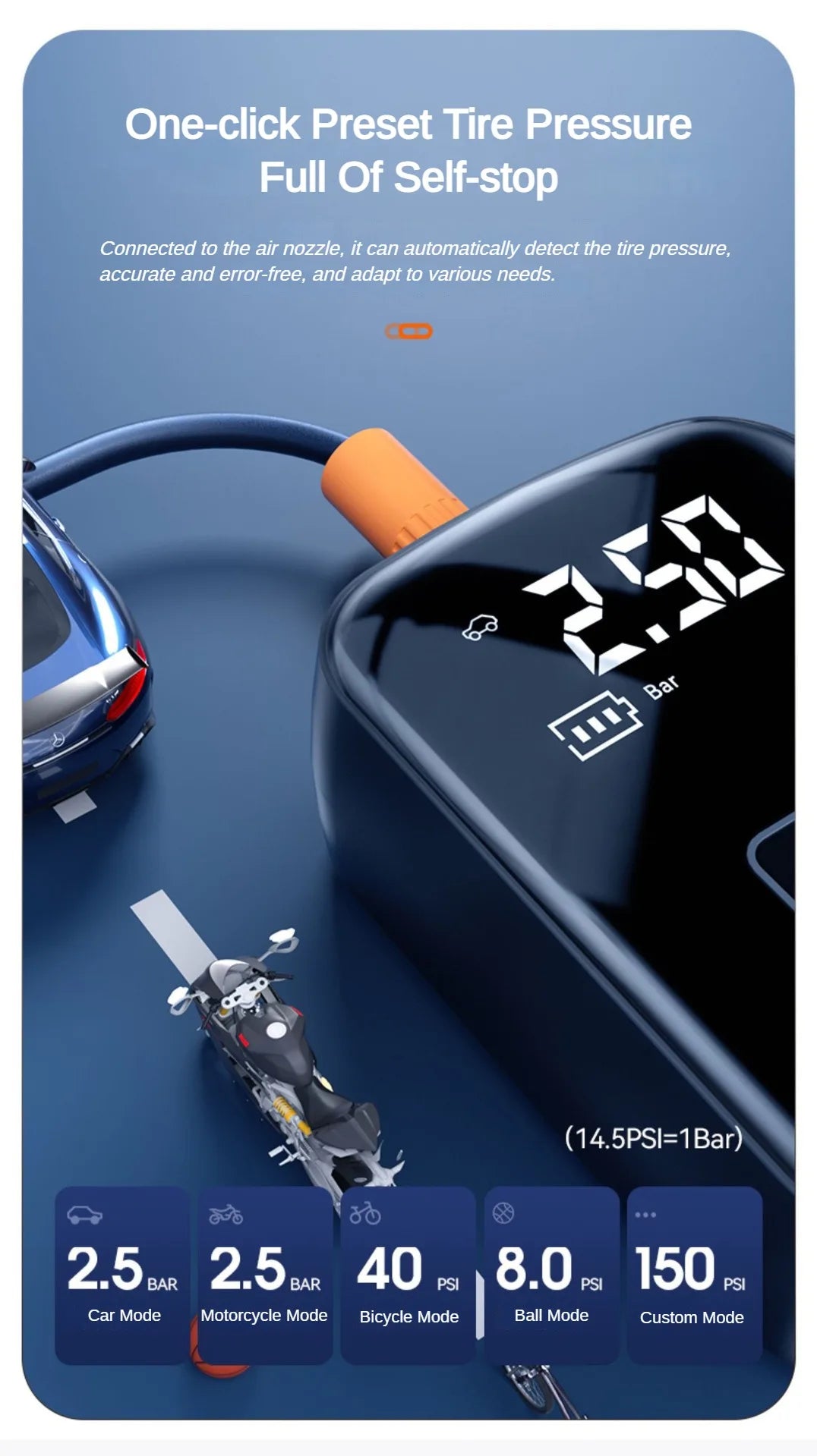 EAFC 150 PSI E-Bike Air Pump | Wireless Portable Tire Inflator