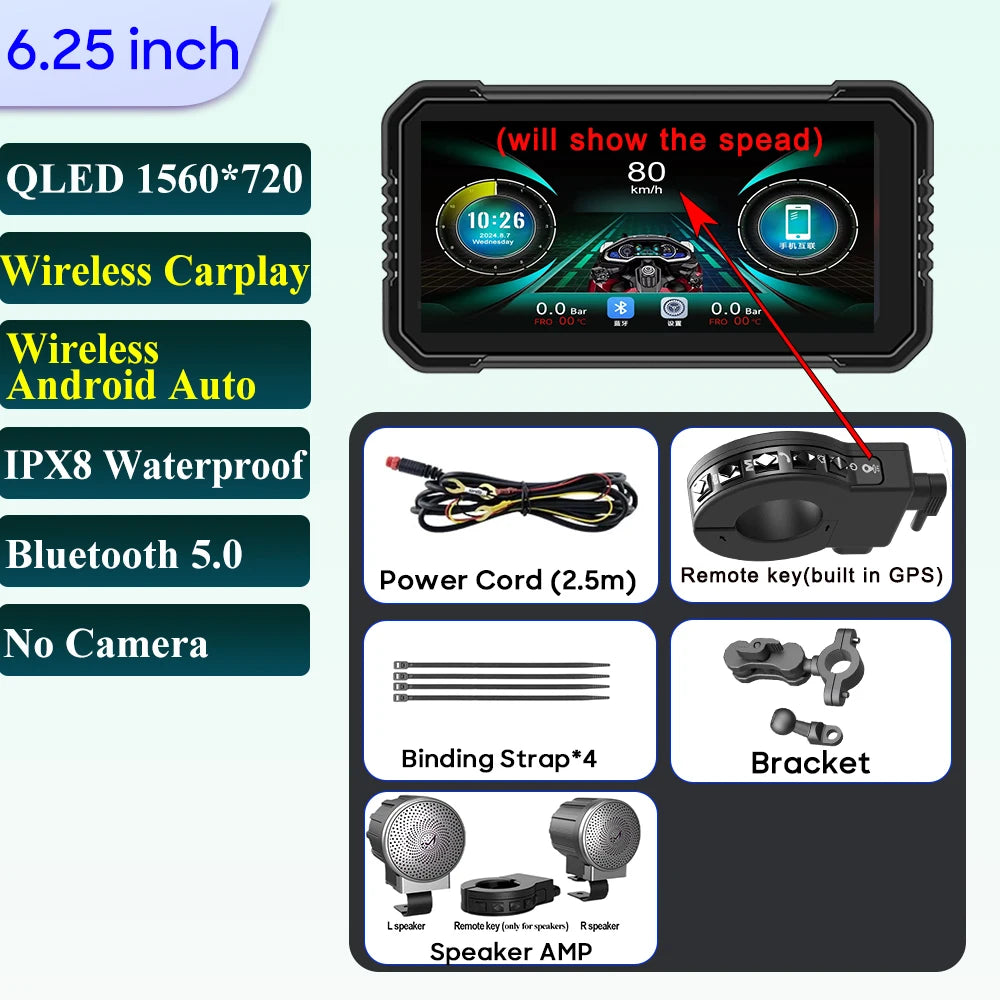 6.25-Inch Motorcycle Navigation Screen with Wireless CarPlay & Android Auto