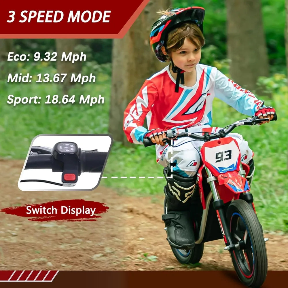 "Explore the best 36V Electric Dirt Bike for kids aged 6-12 with a brushless 350W motor, speeds up to 18.6MPH, and 3-speed settings. Shop now for free shipping!"