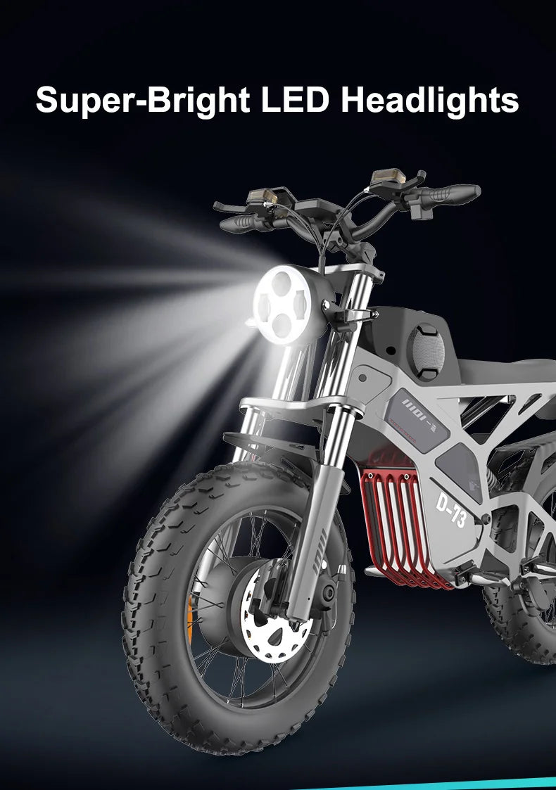 Discover the D-73 Dirt Bike Electric Scooter, equipped with a 1000W brushless motor, touch display, GPS, and a durable aluminum alloy frame. Enjoy speeds over 50 km/h and a range exceeding 60 k