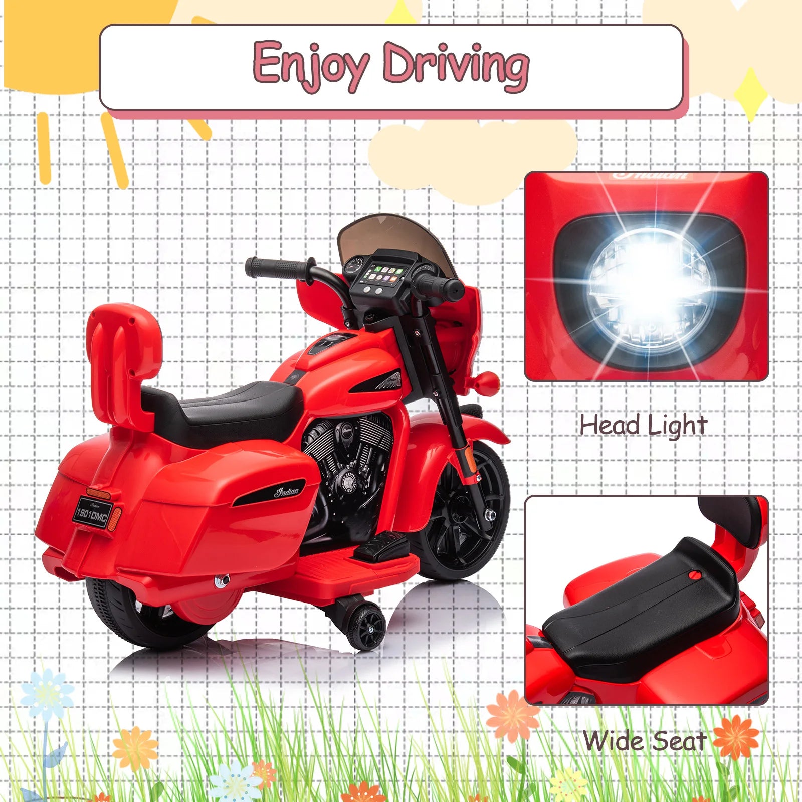 Red toy motorcycle with features highlighted on a grid background
