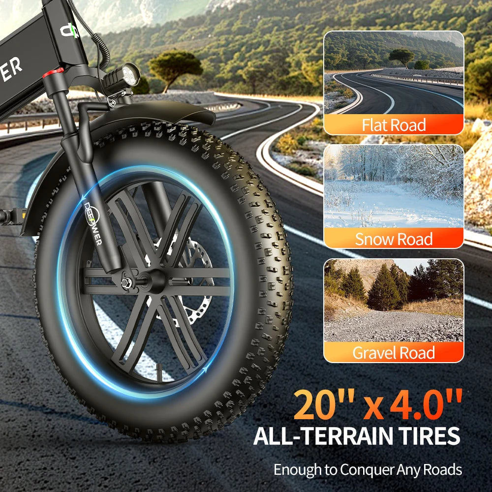 20-inch x 4.0-inch all-terrain tires on IDOTATA 1000W Electric Bike, designed for flat, snow, and gravel roads.