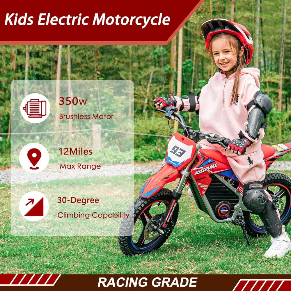 "Explore the best 36V Electric Dirt Bike for kids aged 6-12 with a brushless 350W motor, speeds up to 18.6MPH, and 3-speed settings. Shop now for free shipping!"