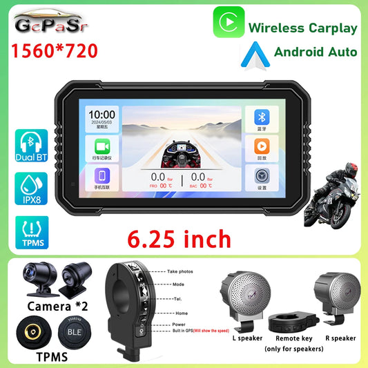 Portable 6.25 inch Waterproof Motorcycle GPS Navigation Wireless Carplay Android Auto DVR Drive Recorder Moto Monitor WIFI.