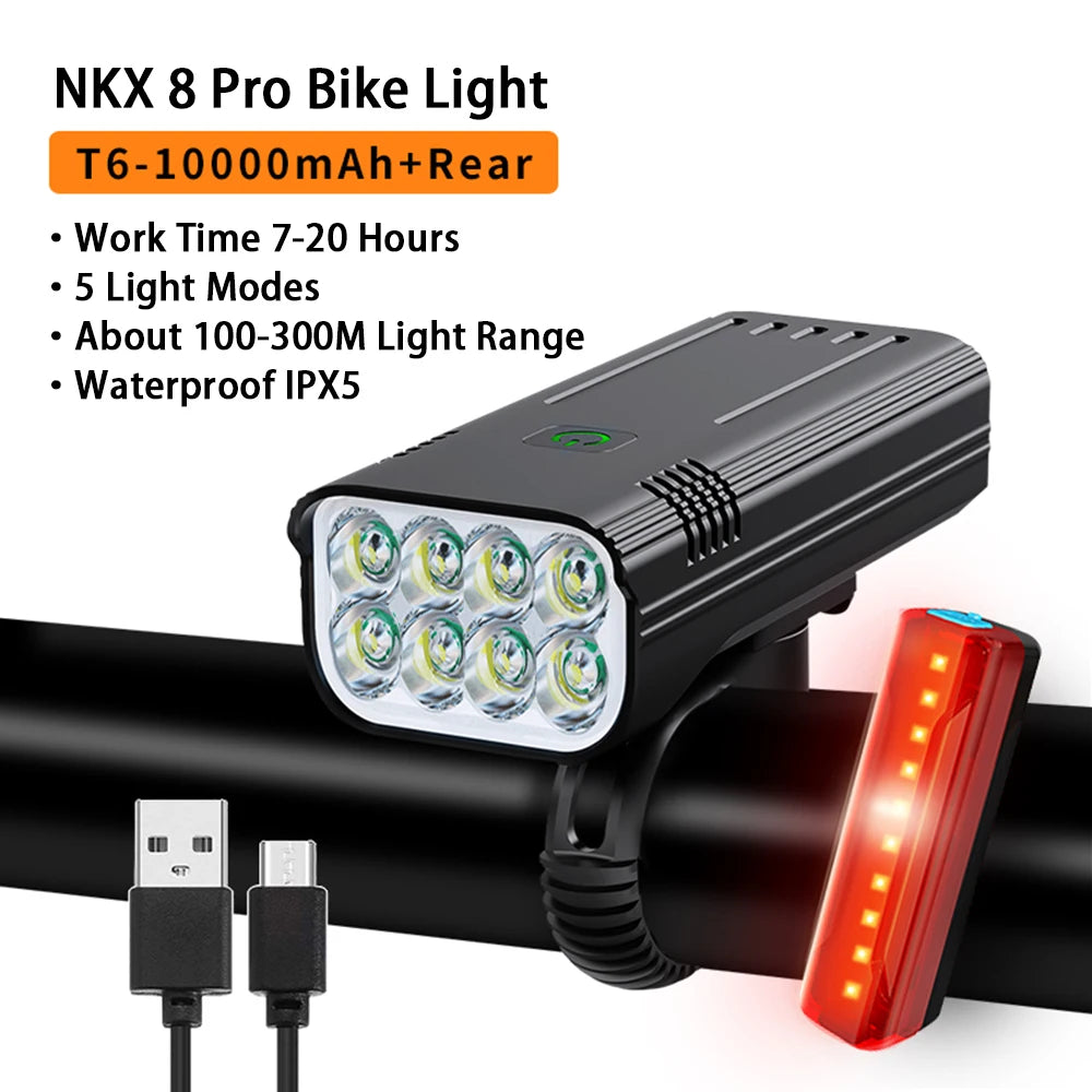 10000mAh 6-8 LED Bike Light USB Rechargeable 3600 Lumens Bike Headlight