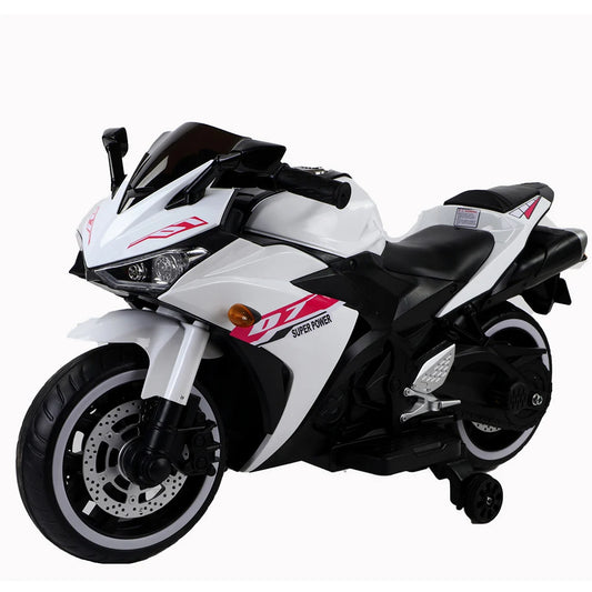 White and black toy motorcycle with red accents on a white background