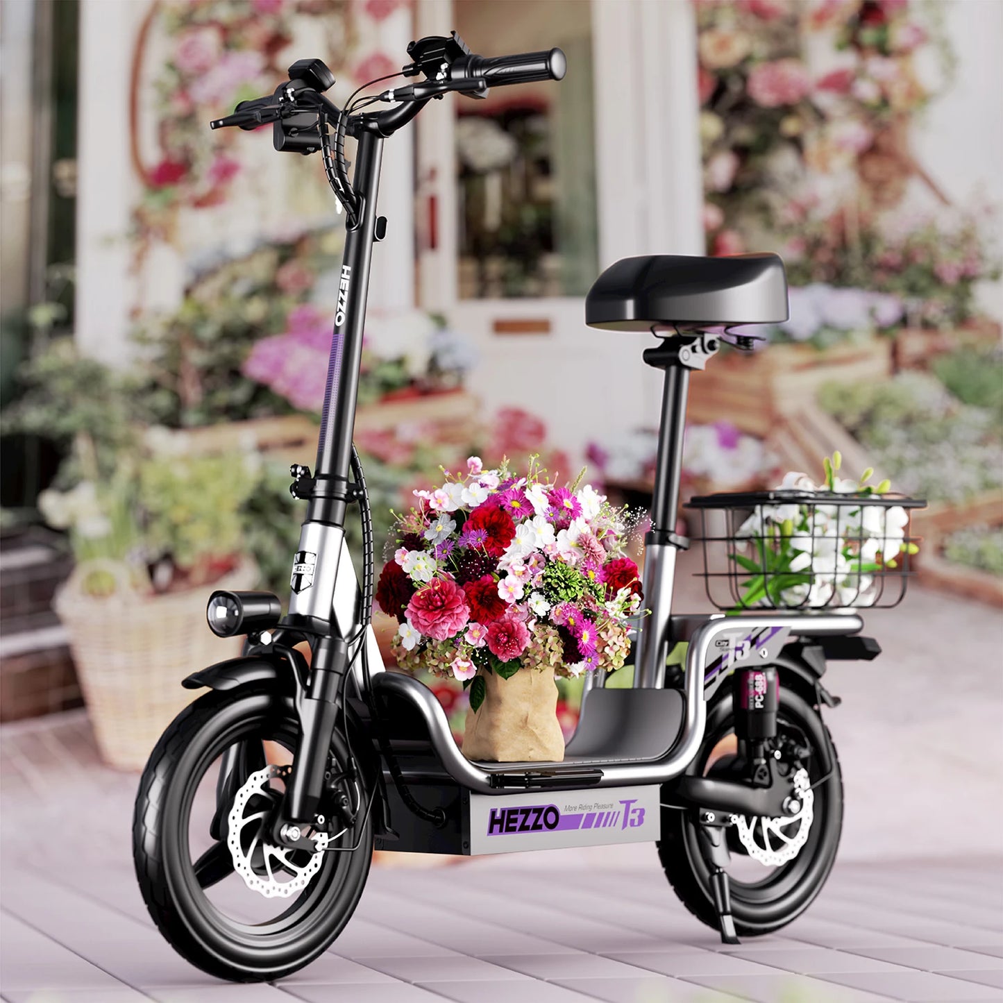 HEZZO Electric Scooter w/ Seat & Basket 48V 15Ah 500W Powerful Motor Foldable E-Scooter Ample Storage Up to 20Mph 25Miles Range Electric Bikes & Accessories