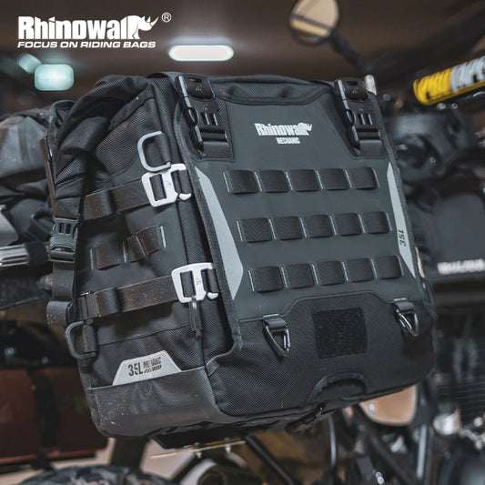 Black riding bag with Rhinowal branding on a motorcycle