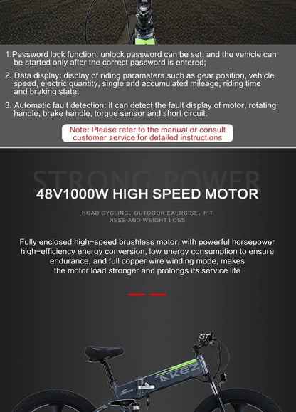 New style 1000W Motor electric bike 48V 10.4ah Lithium battery Mountain ELECTR BIKE  26×4.0 Fat Tire e bike Folded ebike Electric Bikes & Accessories