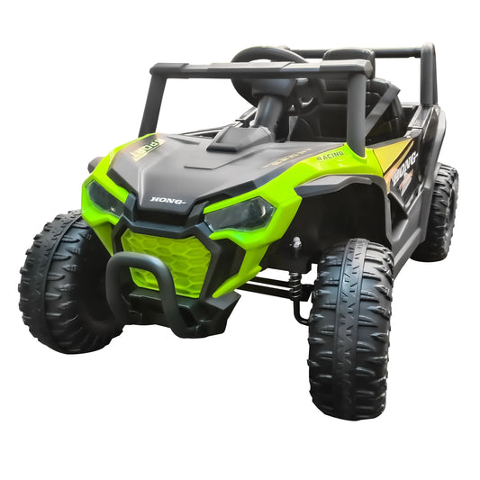 Green and black toy off-road vehicle on a white background