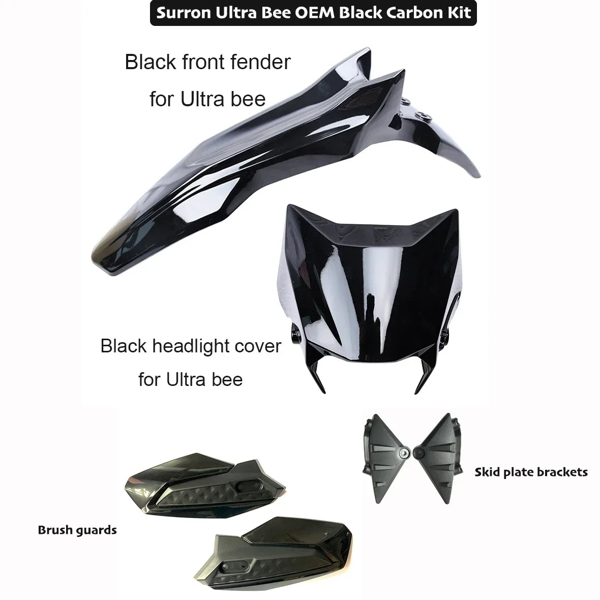 Upgrade your SURRON Ultra Bee with the Original Black Front Fender, Mudguard, Headlight Shroud, Skid Plate Brackets, and Brush Guards. Shop now at electricbikesandaccessories.com.