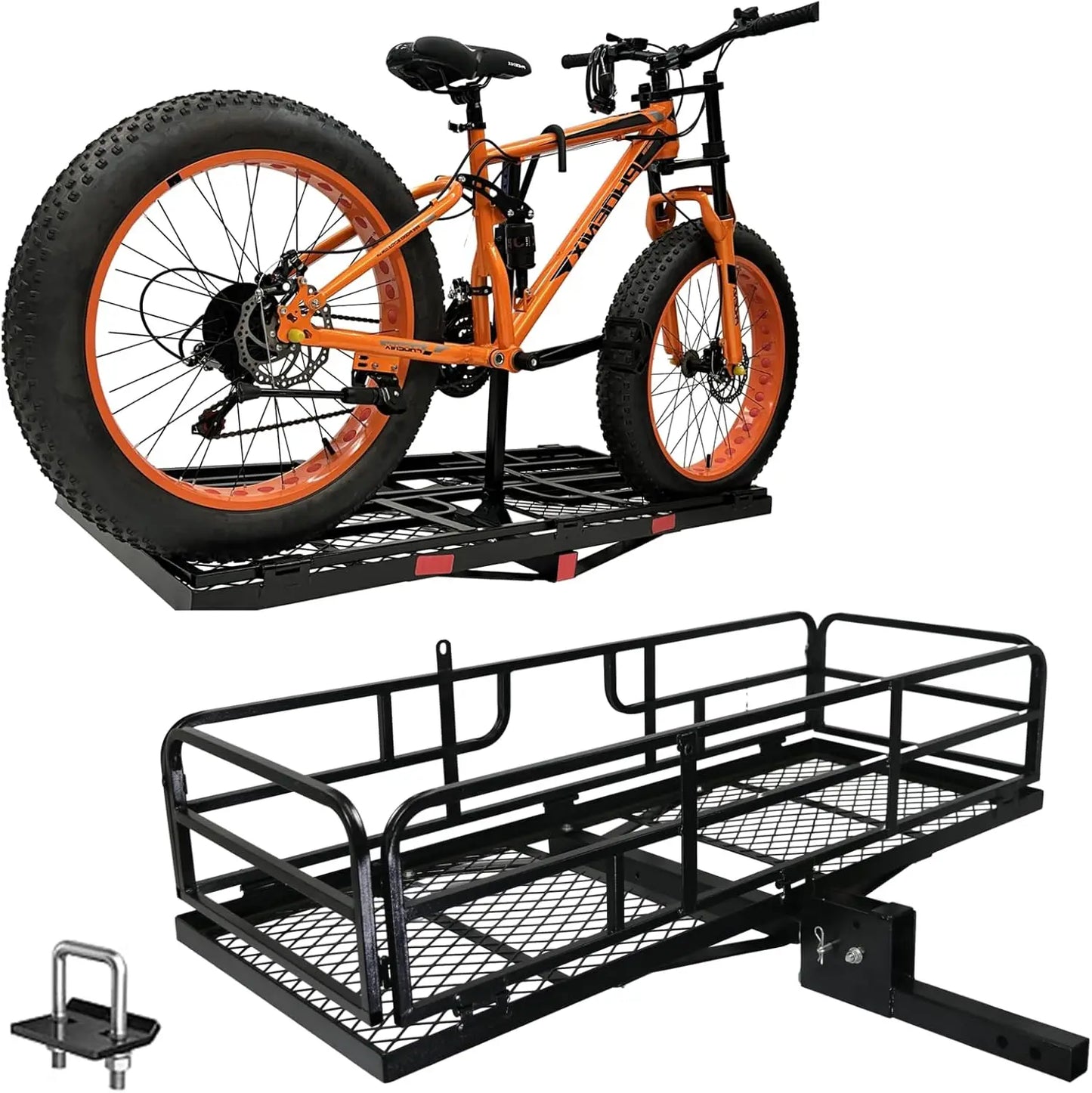 Heavy-duty bike rack mounted on an SUV, holding two fat-tire e-bikes