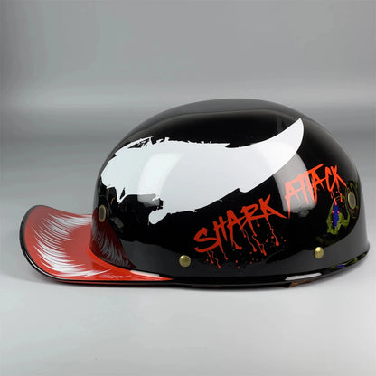 Stylish retro half-face motorcycle helmet on display.