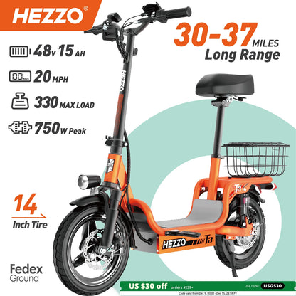 HEZZO Electric Scooter w/ Seat & Basket 48V 15Ah 500W Powerful Motor Foldable E-Scooter Ample Storage Up to 20Mph 25Miles Range Electric Bikes & Accessories