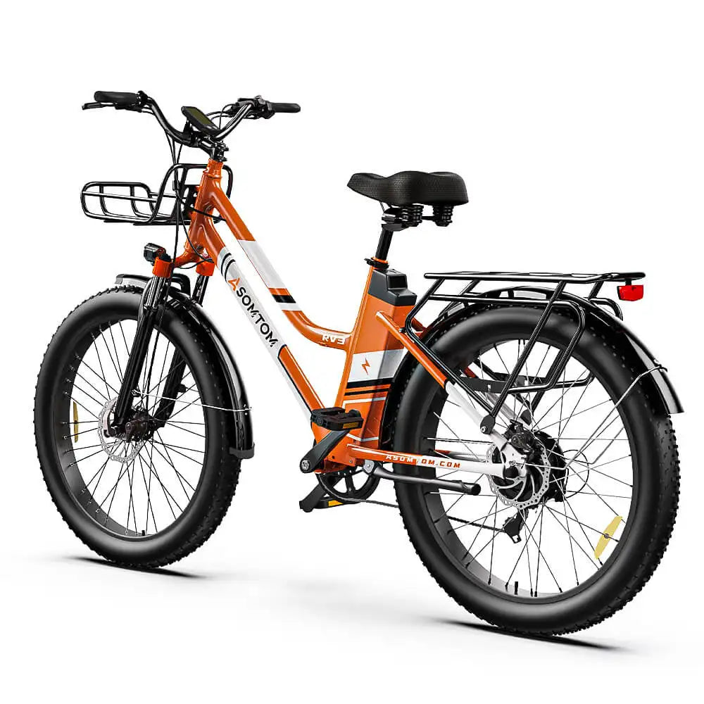 Orange electric bike with black details on a white background