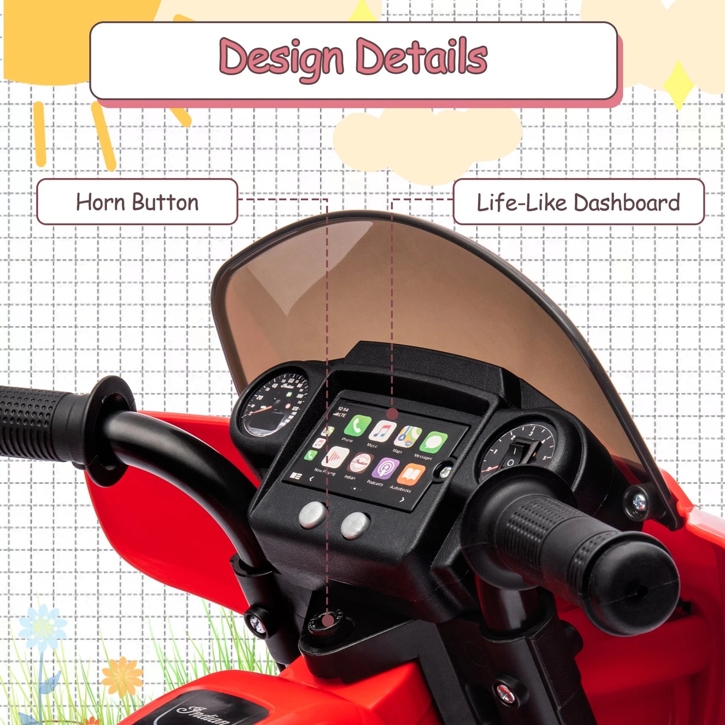 Close-up of a toy motorcycle's handlebar with dashboard details on a grid background