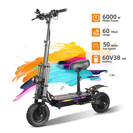 Off-road Electric Scooter with Seat,60V 38Ah Battery,60 Miles Range,440 Lbs Loading,50 Mph Fast Electric for Adults Electric Bikes & Accessories