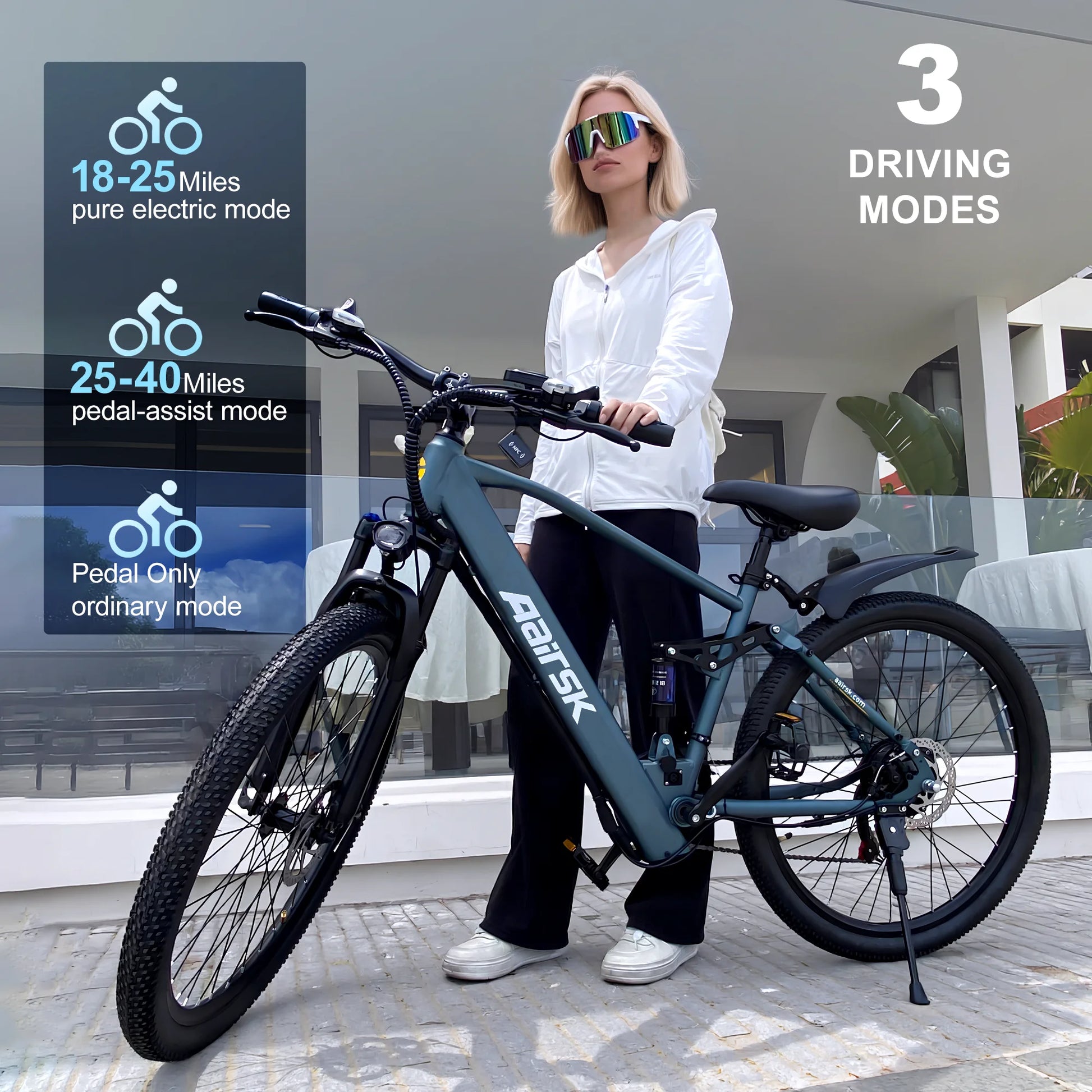 Woman holding a Parus electric bike with mode indicators on a modern building background
