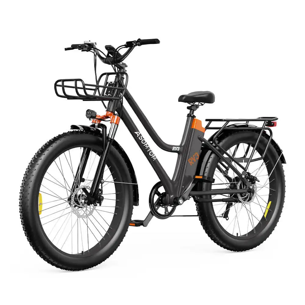 Black electric bicycle with orange accents on a white background