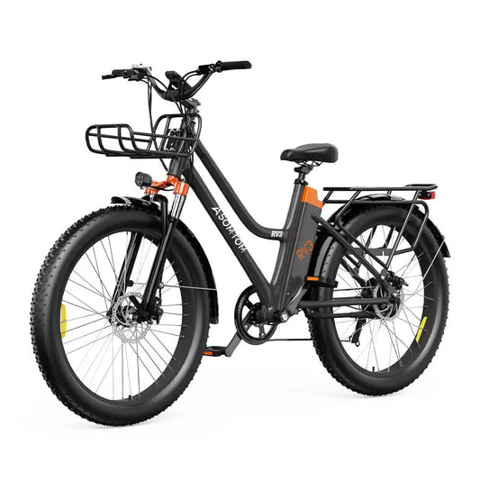 Black electric bicycle with orange accents on a white background