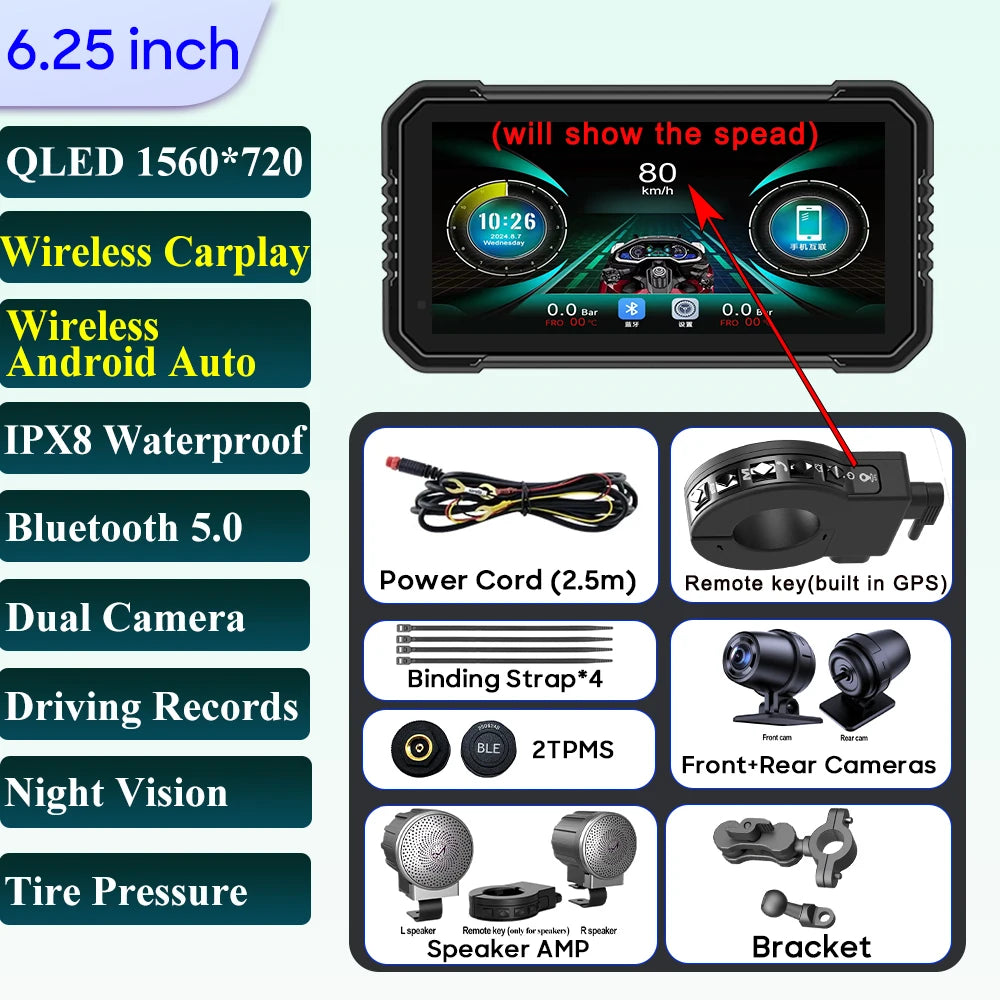 6.25-Inch Motorcycle Navigation Screen with Wireless CarPlay & Android Auto