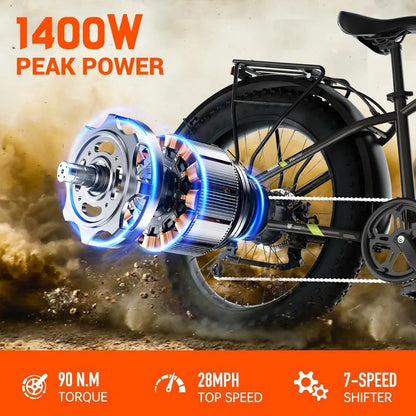 Electric Bike for Adults, Fat Tire,26" All-terrain Bicycle, Peak 1400W Motor, 50Miles Range and 32MPH Top Speed,7-Speed Ebike Electric Bikes & Accessories