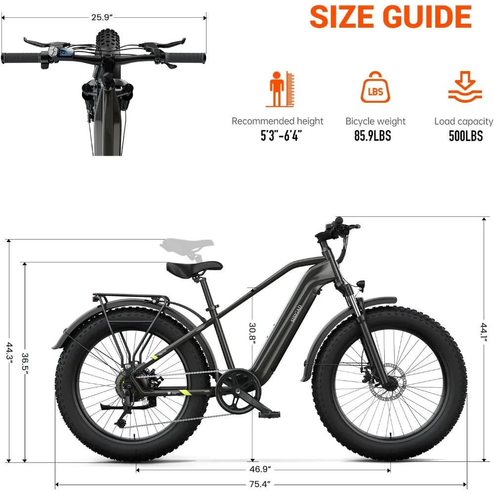 Electric Bike for Adults, Fat Tire,26" All-terrain Bicycle, Peak 1400W Motor, 50Miles Range and 32MPH Top Speed,7-Speed Ebike Electric Bikes & Accessories