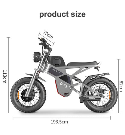 Discover the D-73 Dirt Bike Electric Scooter, equipped with a 1000W brushless motor, touch display, GPS, and a durable aluminum alloy frame. Enjoy speeds over 50 km/h and a range exceeding 60 k