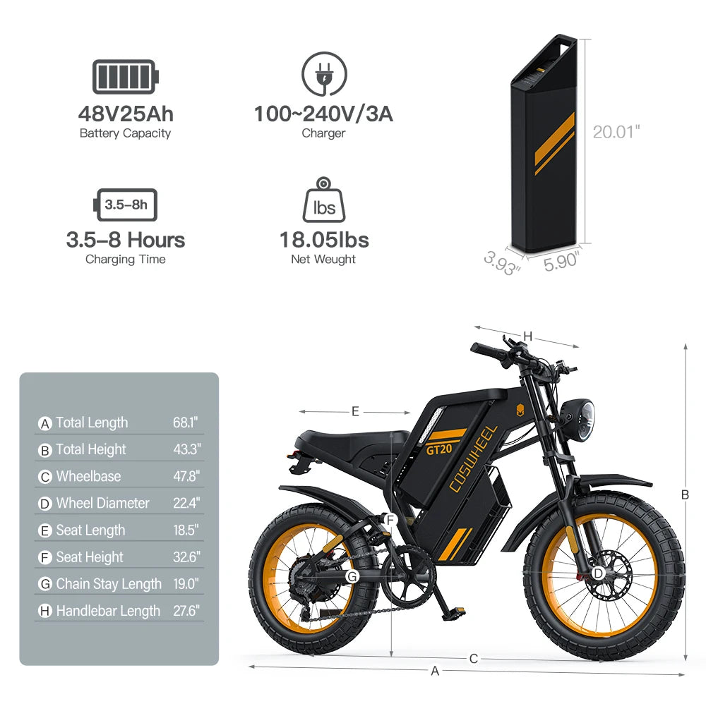 2000W Electric Bike 20 Inch Fat Tires 48V 25AH Removable Battery Electric Bikes & Accessories