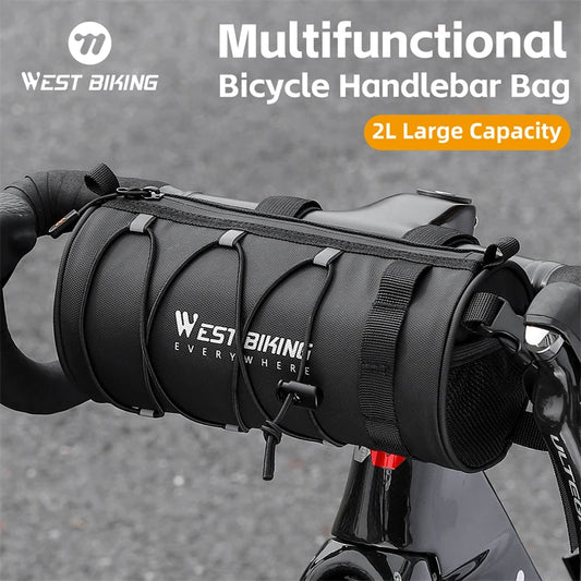 Multifunctional bicycle handlebar bag with West Biking branding on a blurred background