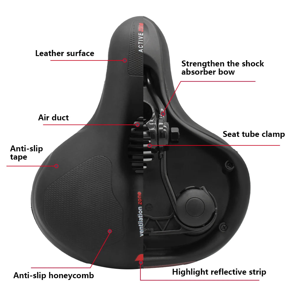Hollow breathable e-bike saddle with big butt comfort, shock absorption, and reflective safety—ideal for men and women.
