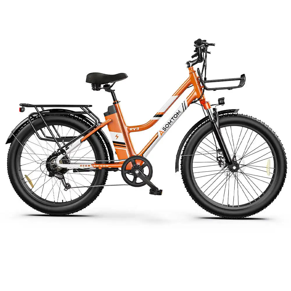 Orange electric bike with black wheels on a white background
