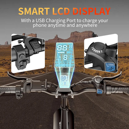 Smart LCD display of IDOTATA 1000W Electric Bike with USB charging port and control features for easy access during rides.