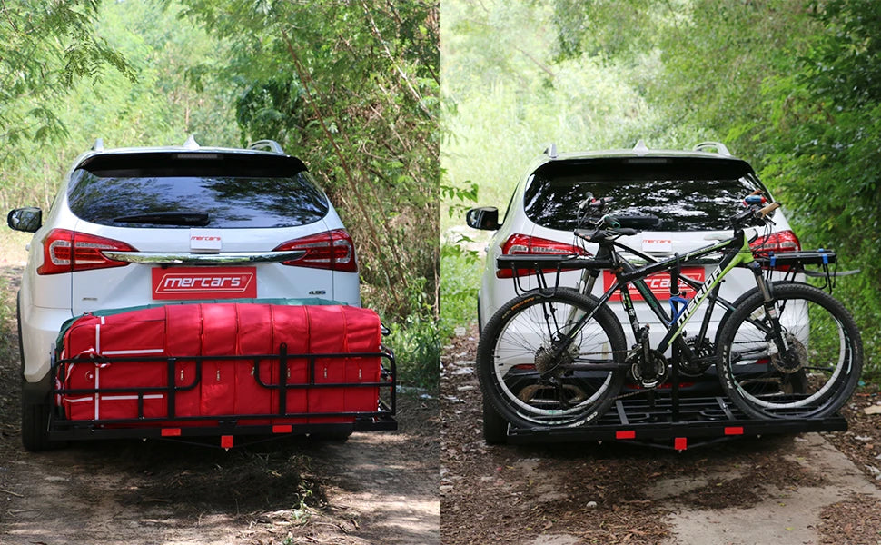 Heavy-duty bike rack mounted on an SUV, holding two fat-tire e-bikes