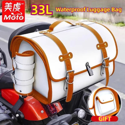 Durable 33L waterproof luggage bag mounted on a Vespa scooter for travel.