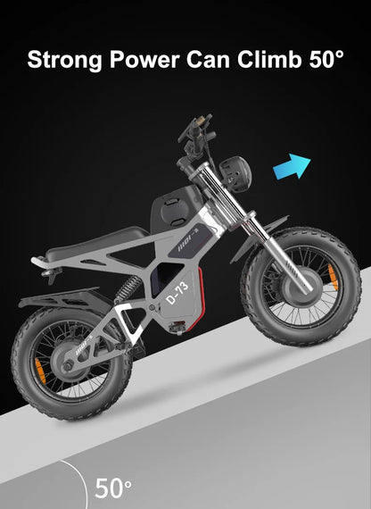 Discover the D-73 Dirt Bike Electric Scooter, equipped with a 1000W brushless motor, touch display, GPS, and a durable aluminum alloy frame. Enjoy speeds over 50 km/h and a range exceeding 60 k