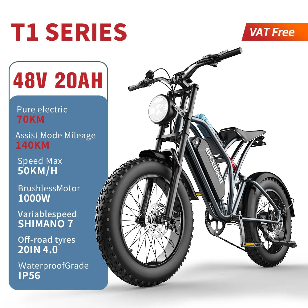 EKX T1 Electric Bicycle 20*4.0 Fat Tire 1000W Motor 48V 20AH Electric Bikes & Accessories