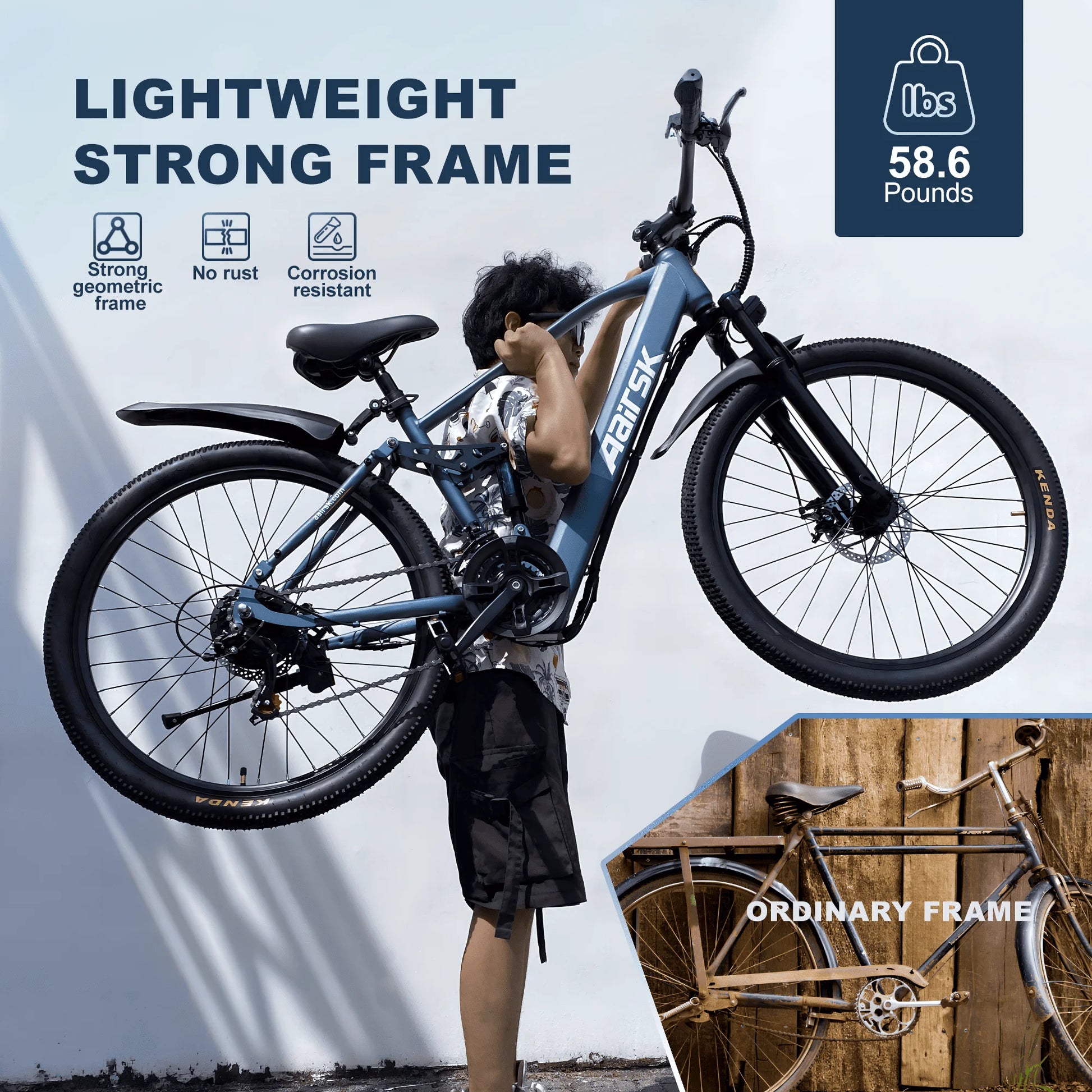Person lifting a lightweight electric bike with text highlighting its features against a light blue background.