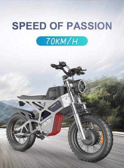 Discover the D-73 Dirt Bike Electric Scooter, equipped with a 1000W brushless motor, touch display, GPS, and a durable aluminum alloy frame. Enjoy speeds over 50 km/h and a range exceeding 60 k